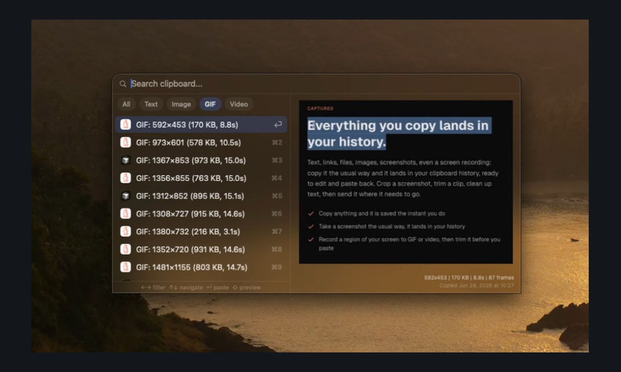 The Drobu clipboard panel with search, type filters, and a preview